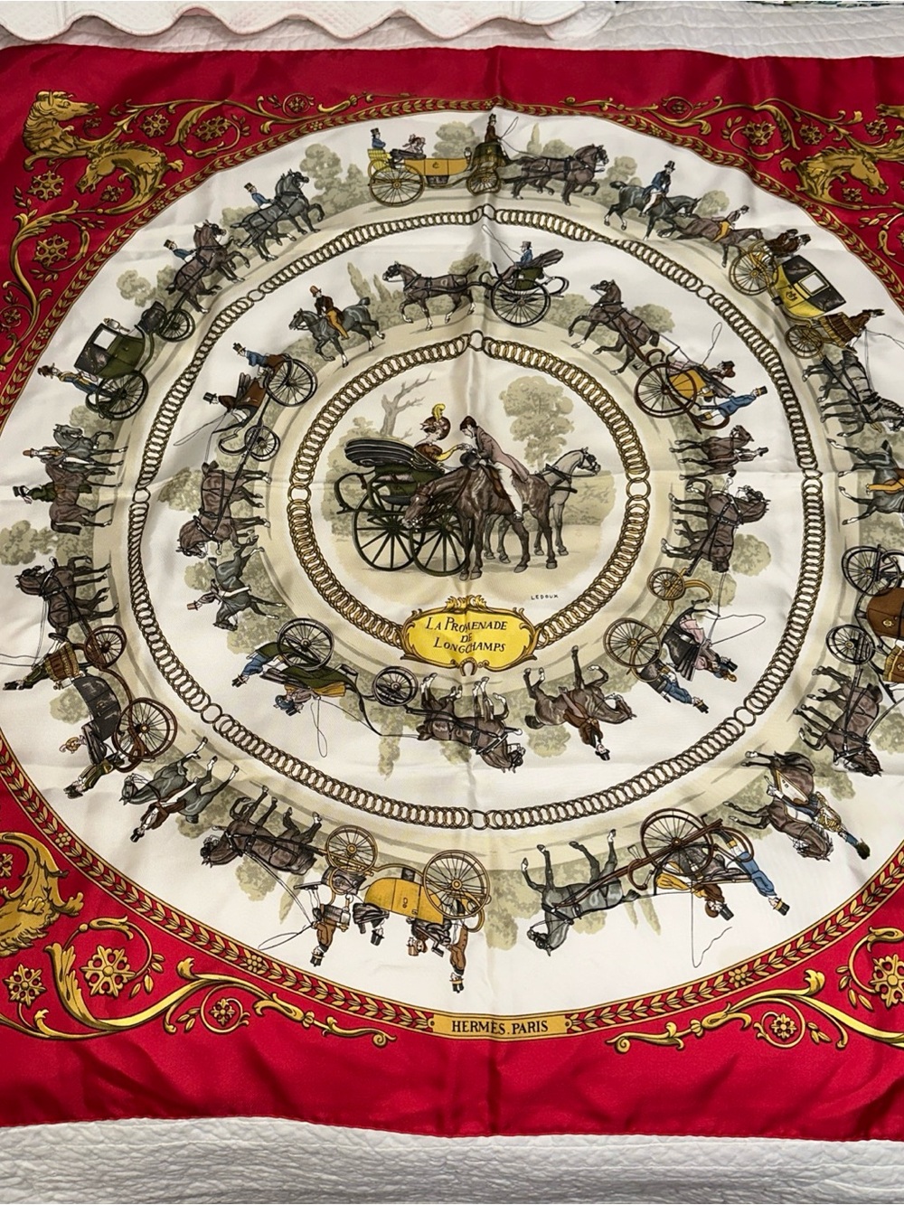 Hermes Paris Red & Cream Carriage Silk Scarf